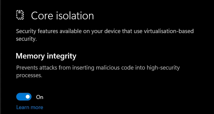 memory integrity option