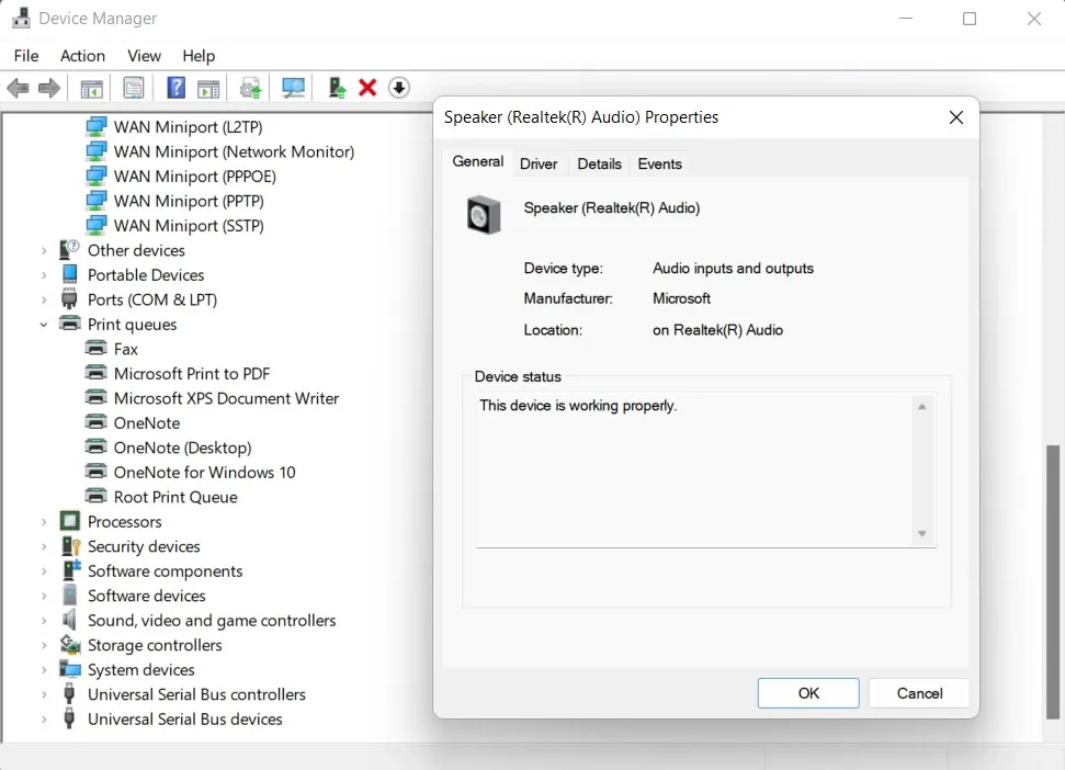 device manager - status tab