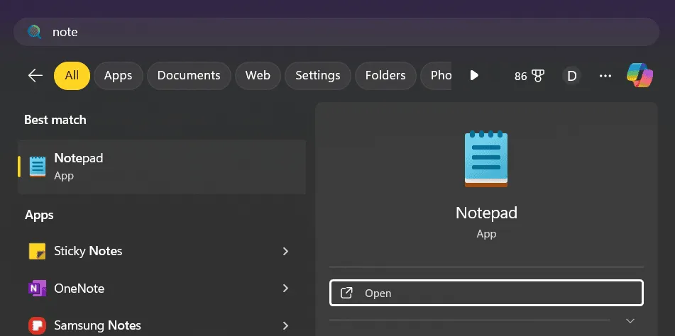 Searching for Notepad in Start Menu