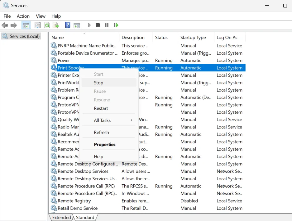 print spooler service selected