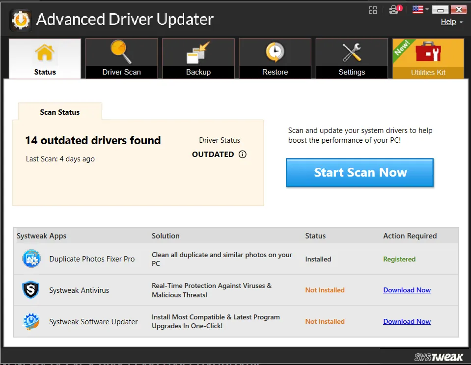 start scan using advanced driver updater