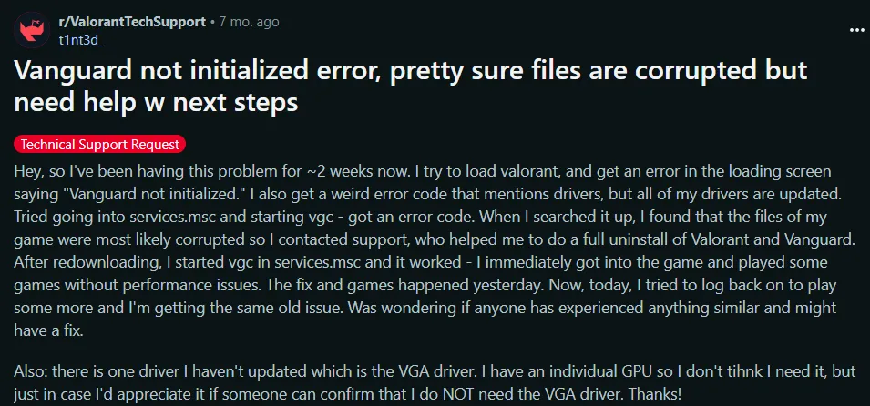 vanguard not initialized error on reddit