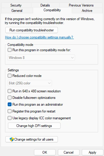 Check box next to Run This Program As Administrator