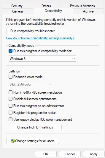 Check mark box Run This Program In Compatibility Mode