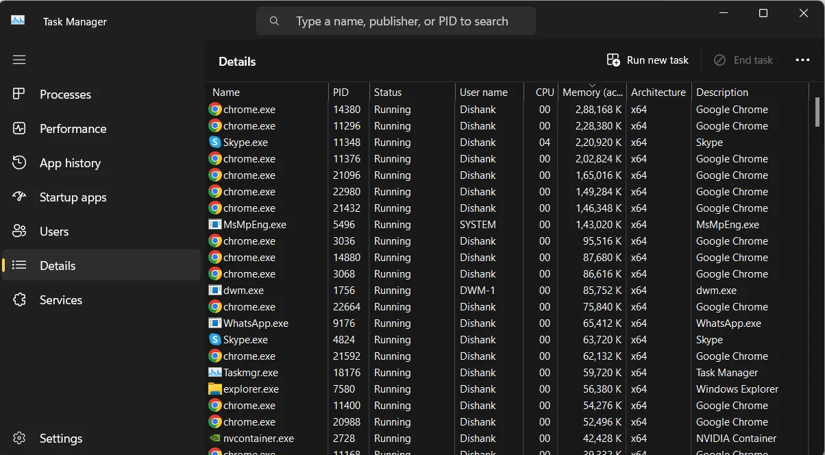 Details tab in Task Manager