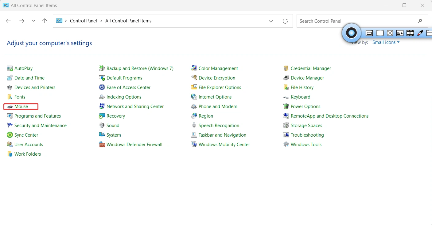 click Mouse option - control panel