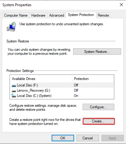 create system restore