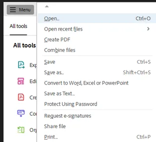 Adobe Acrobat Reader Menu Button