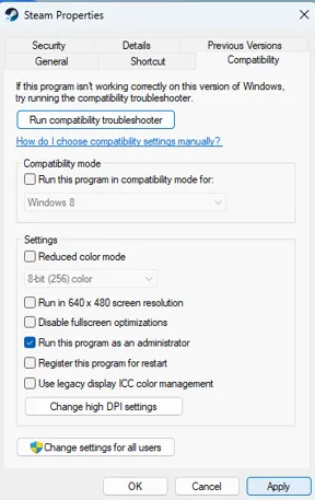 Compatibility tab- Steam Properties