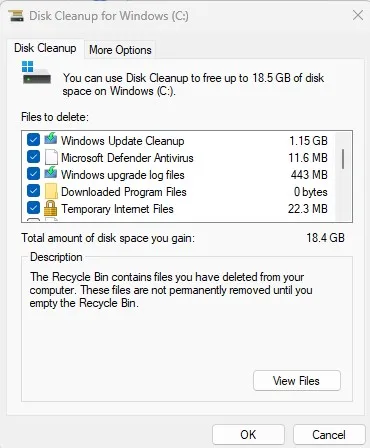 disk cleanup setting