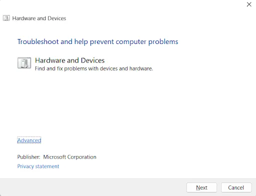 hardware and devices troubleshooter option
