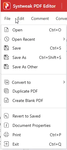 File menu_Systweak PDF Editor