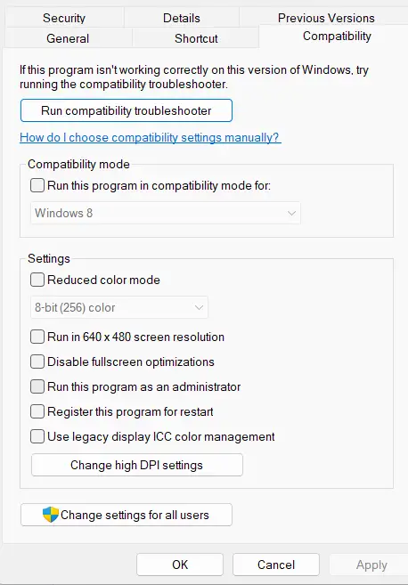 Compatibility tab