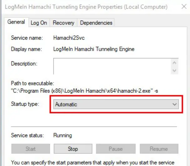 LogMein Hamachi Service properties