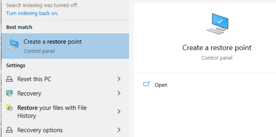 search for create a restore point