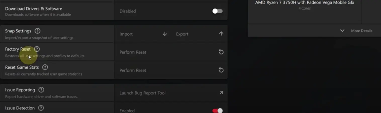 AMD software factory reset
