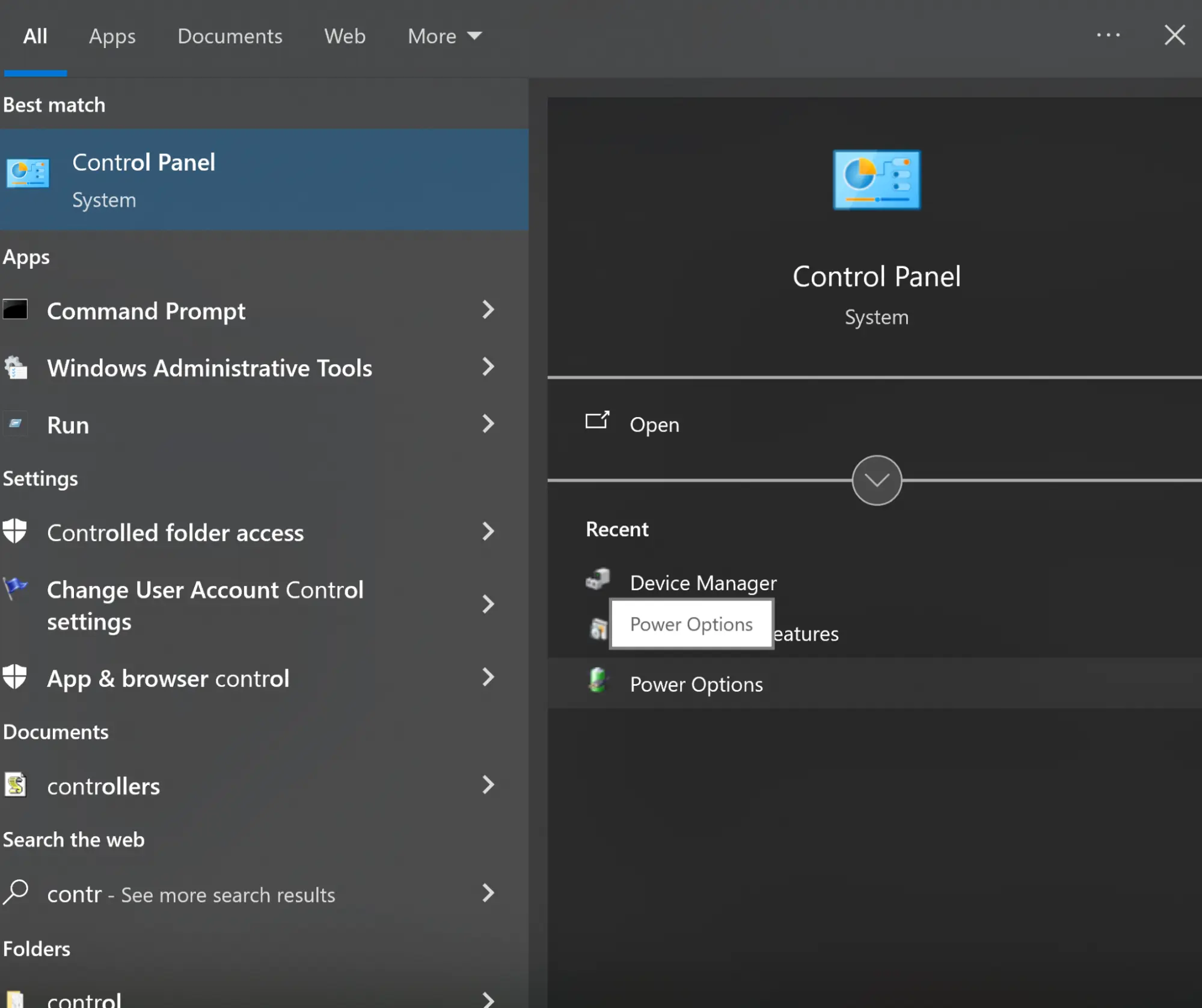 Control Panel Power Options