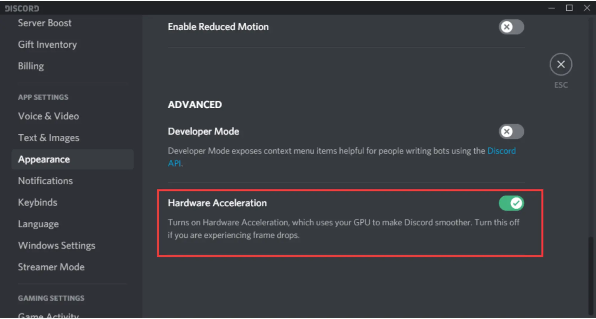 Discord Appearance Section