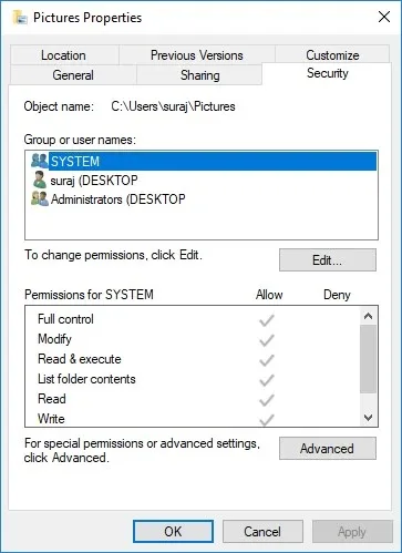security tab