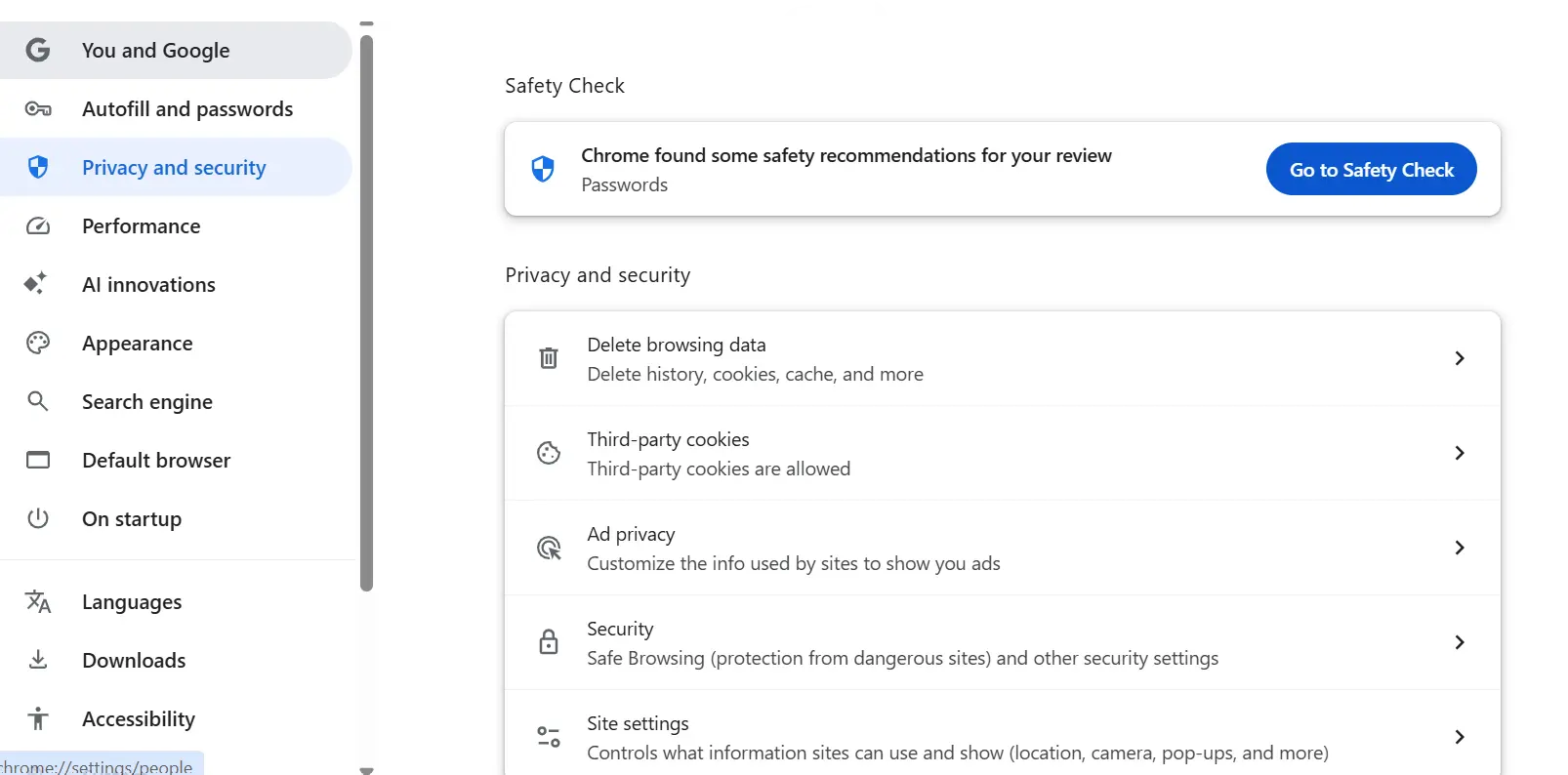 Privacy and Security tab