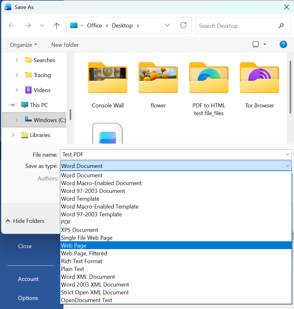 Select Location to Save File - MS Word