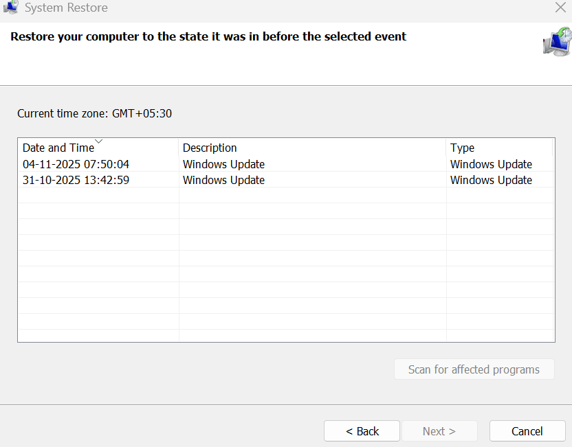 system restore point