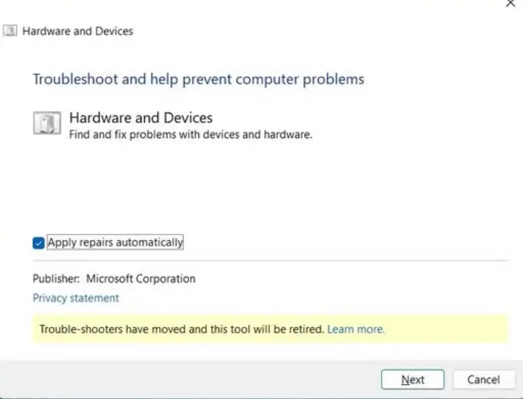 Hardware and Devices Troubleshooter toolbox