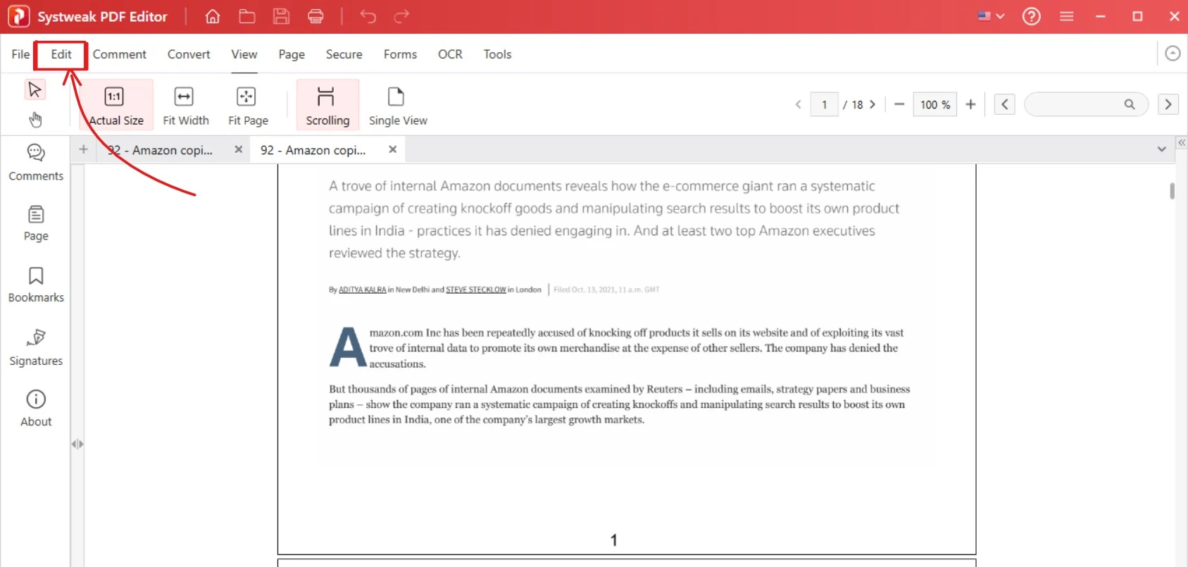 Systweak pdf editor -Edit Tab