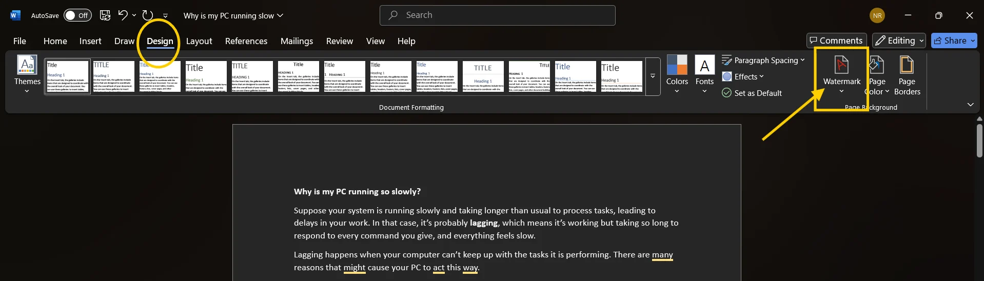 Watermark option under design tab