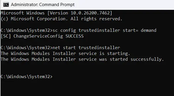 sc config trustedinstaller start= demand
