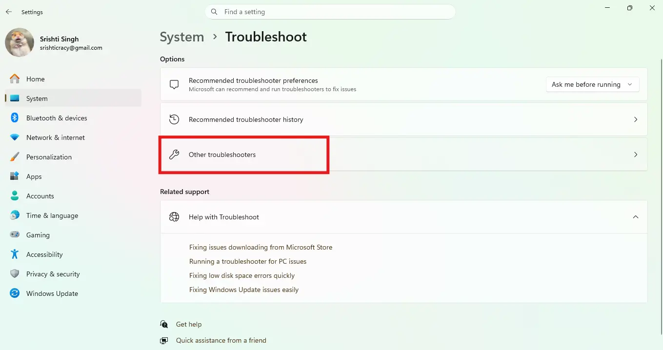 system tab -other troubleshooters