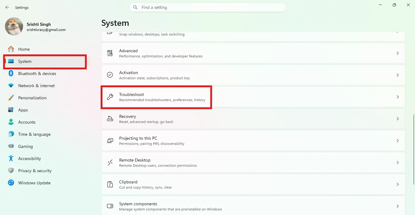 windows setting system tab