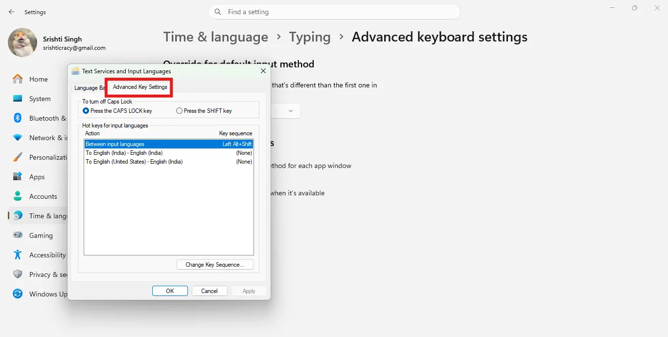 Advanced Key Settings tab
