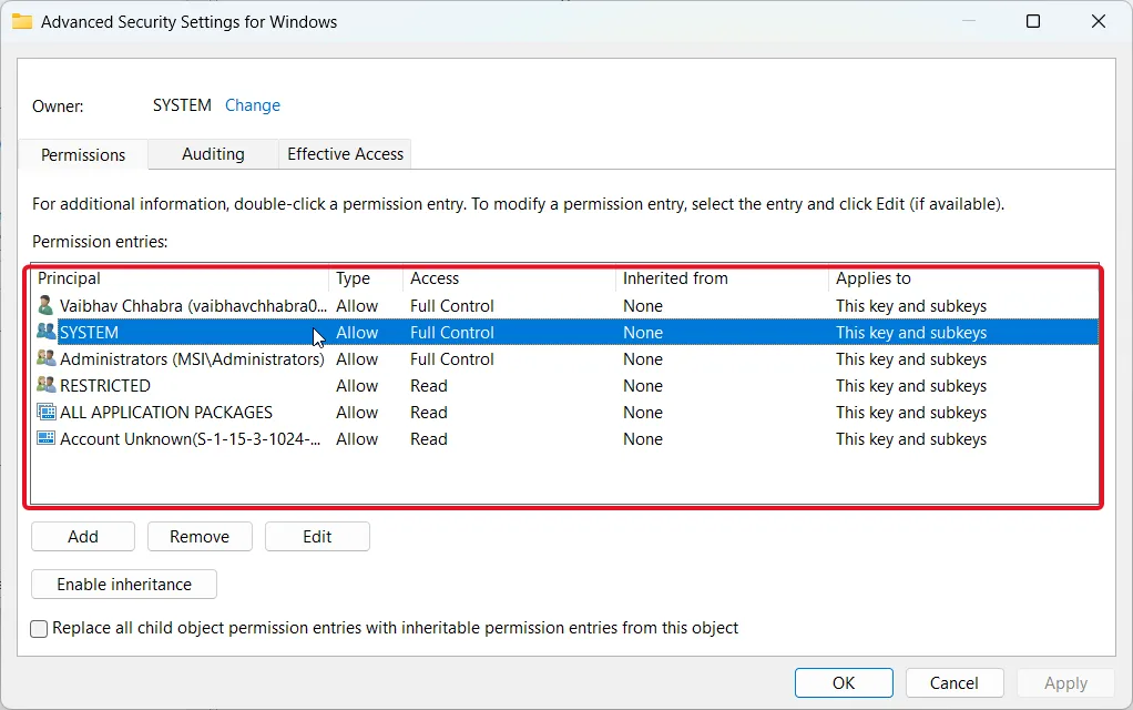 Advanced Security Settings for Windows