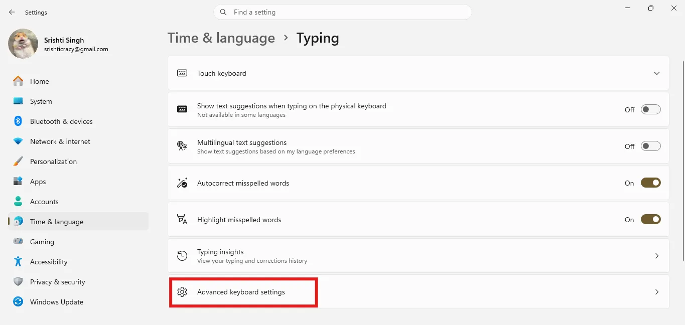 Advanced keyboard settings