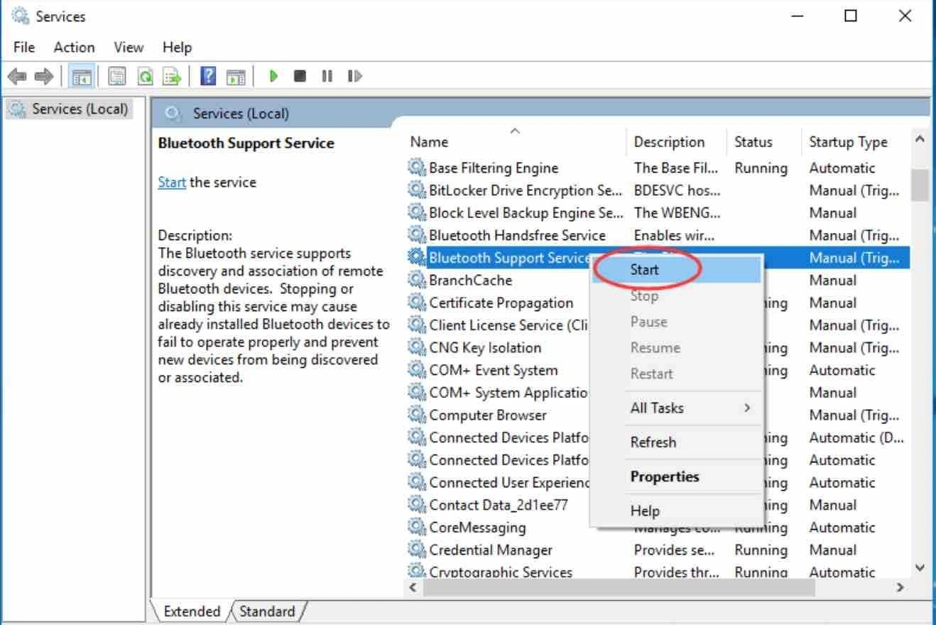Bluetooth Support Service start