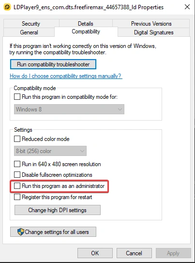 Disable fullscreen optimization checkbox