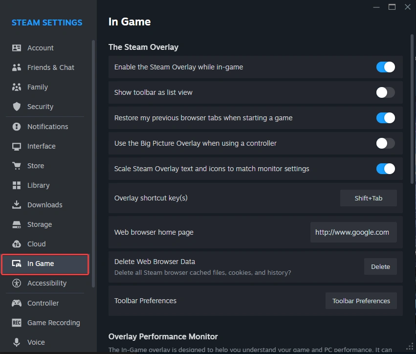 In-Game option steam