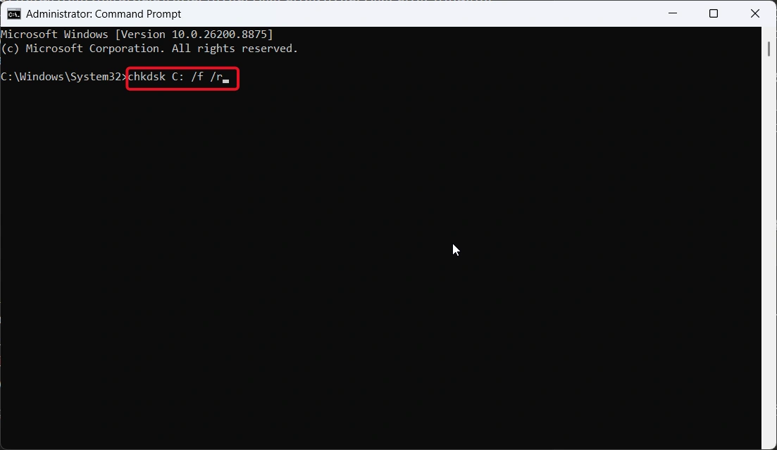 Run chkdsk C f r command