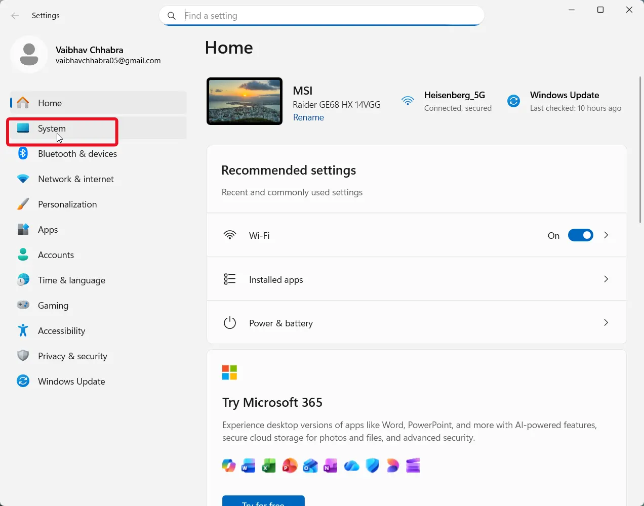 System tab
