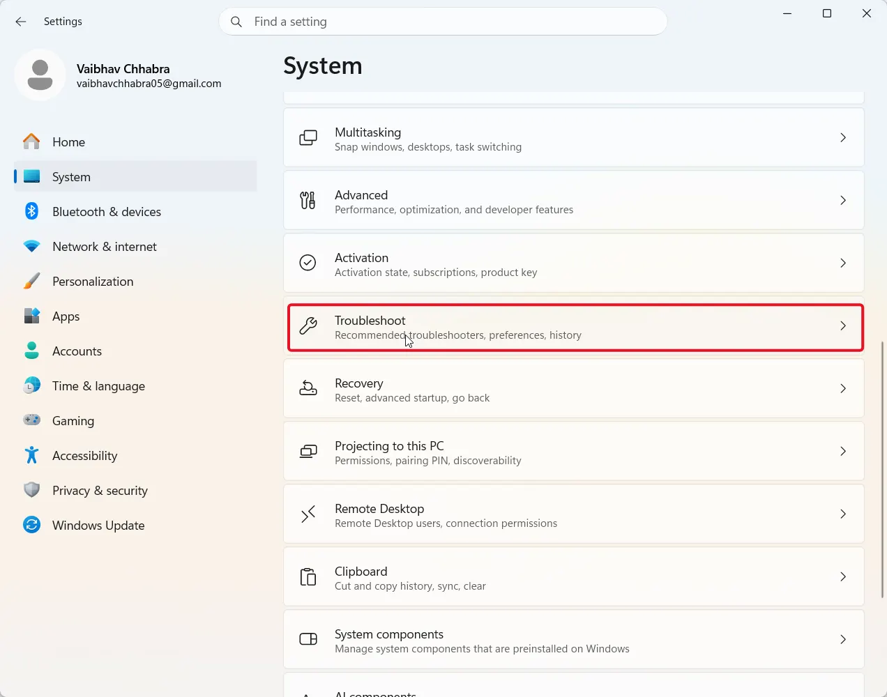 Troubleshoot option