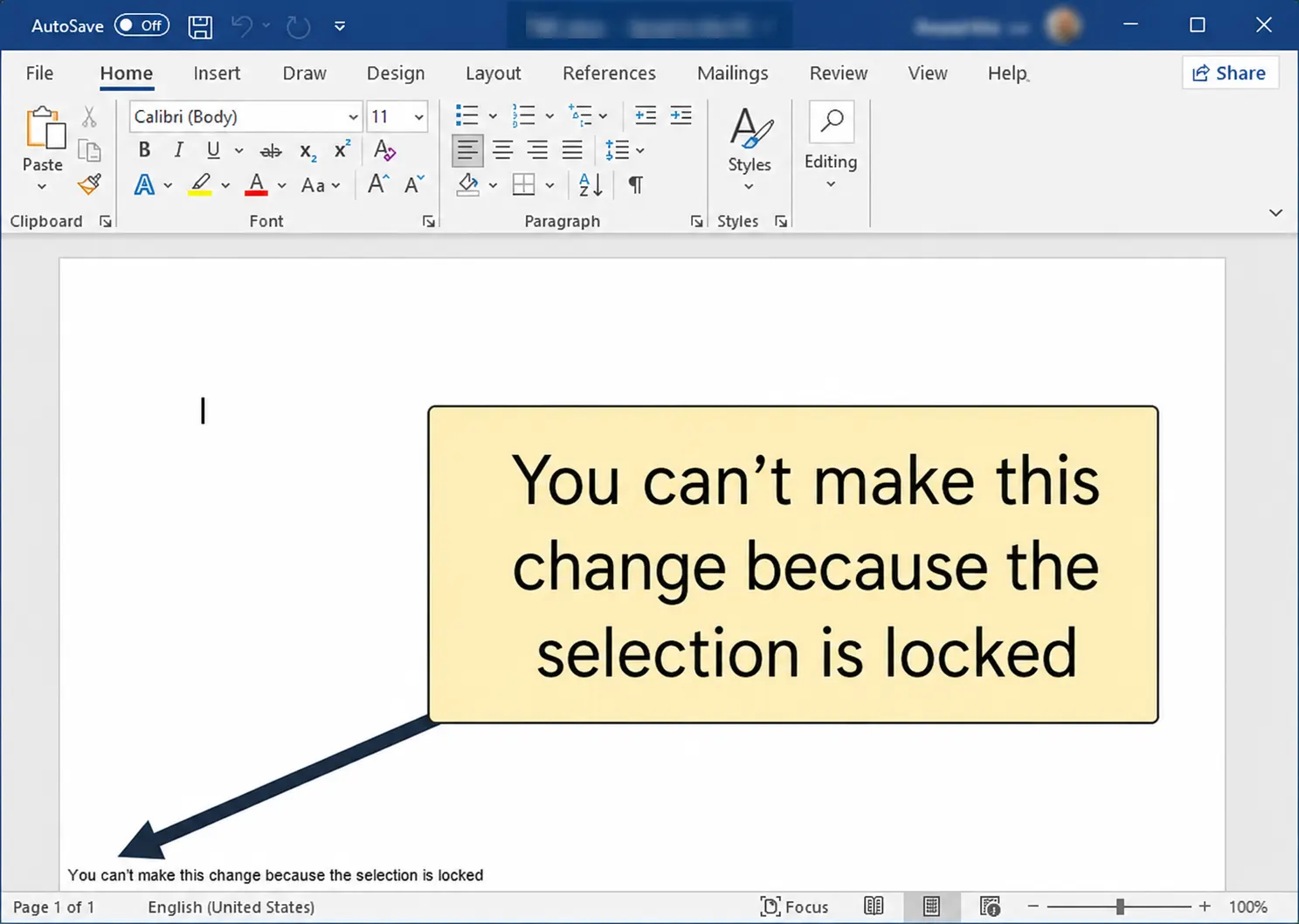 You can't make this change because this selection is locked error bottom left of the MS Word