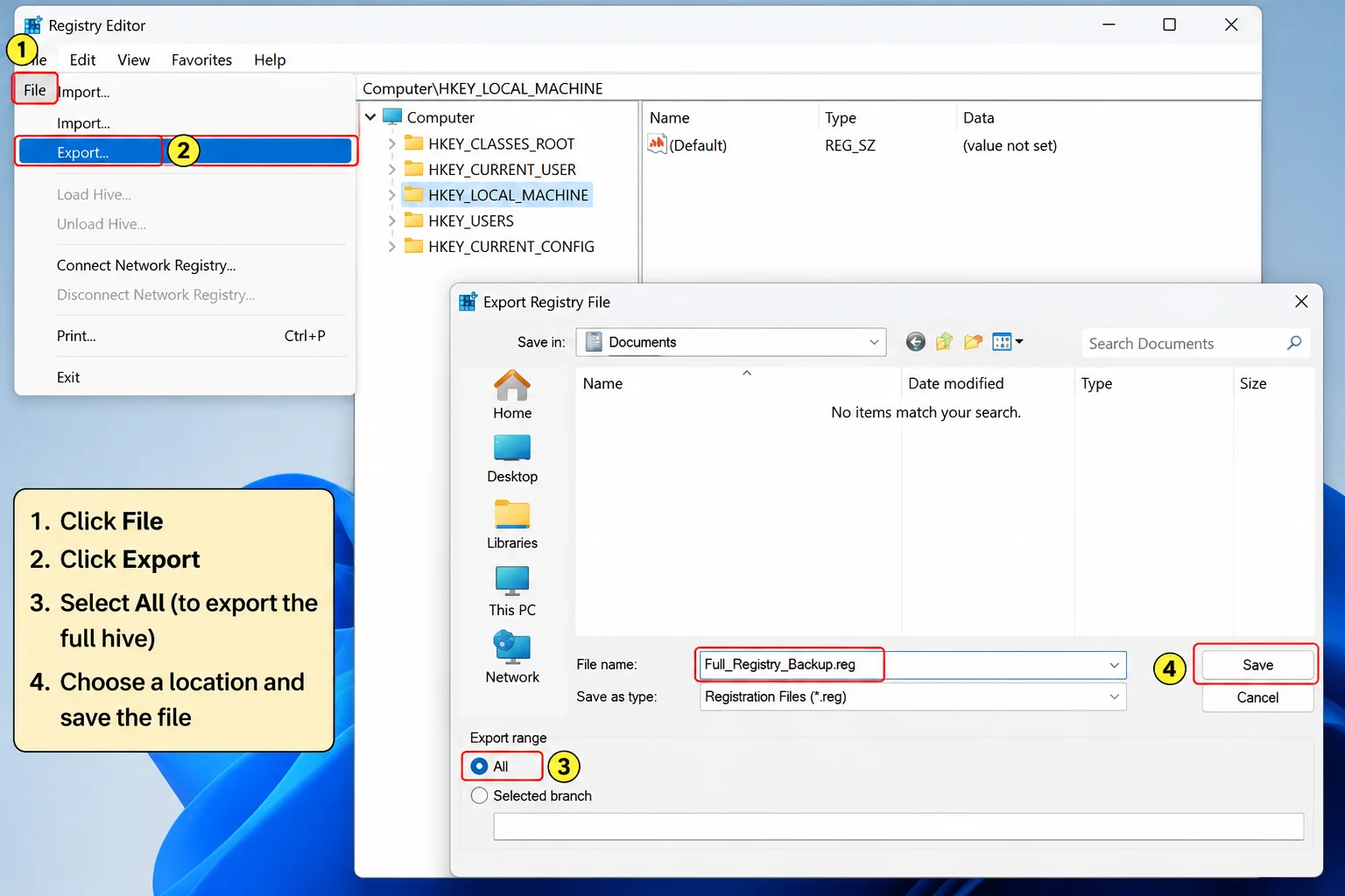 backup registry file name save