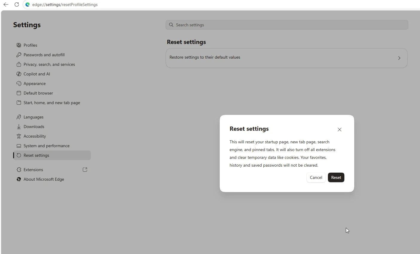 edge reset settings