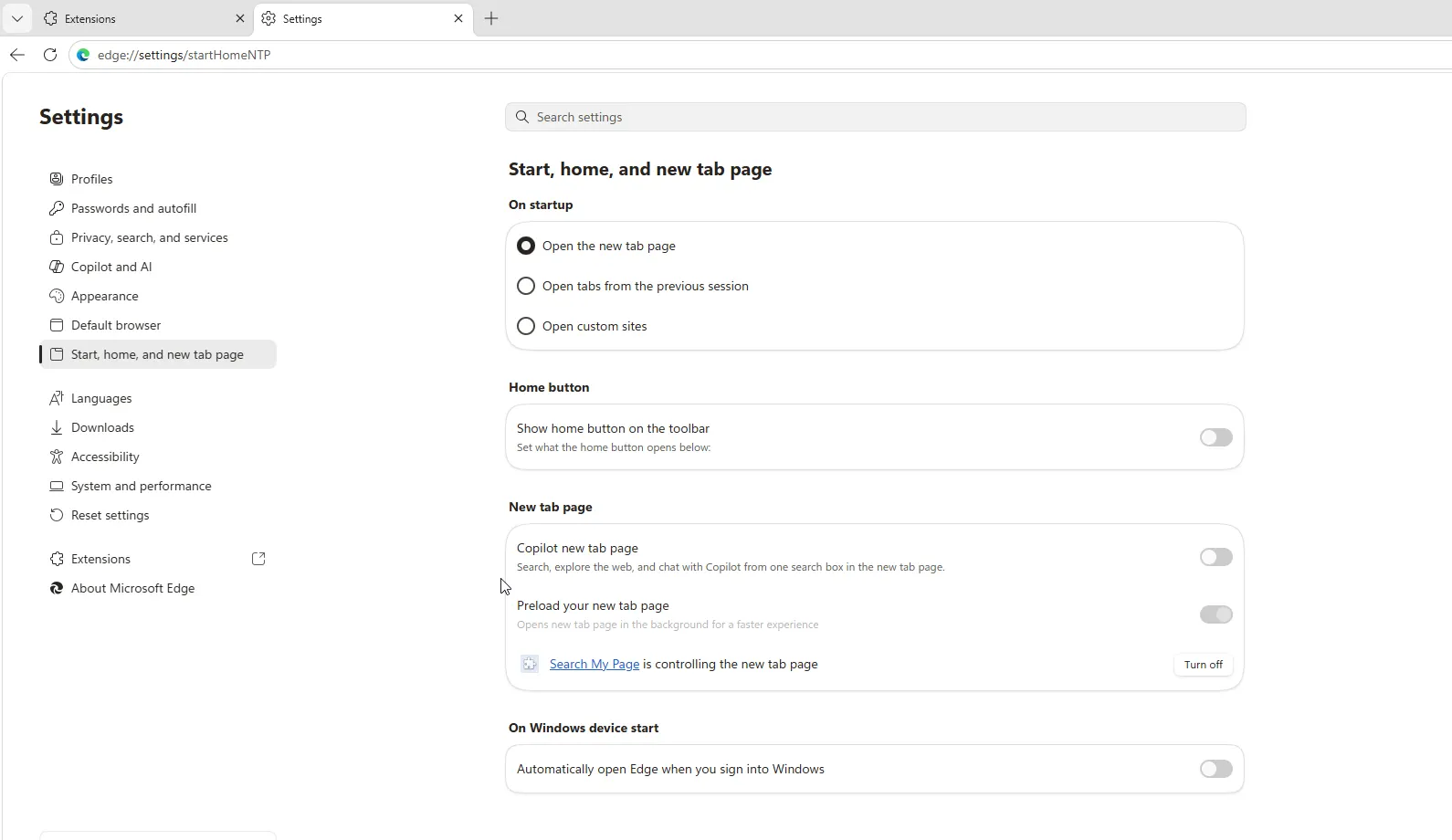 new tab page in edge Settings