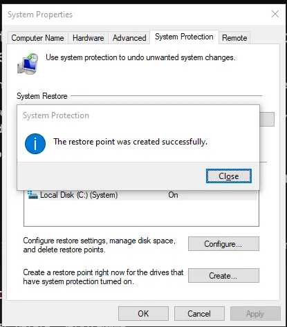 restore point is created