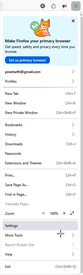 three horizontal Settings mozilla