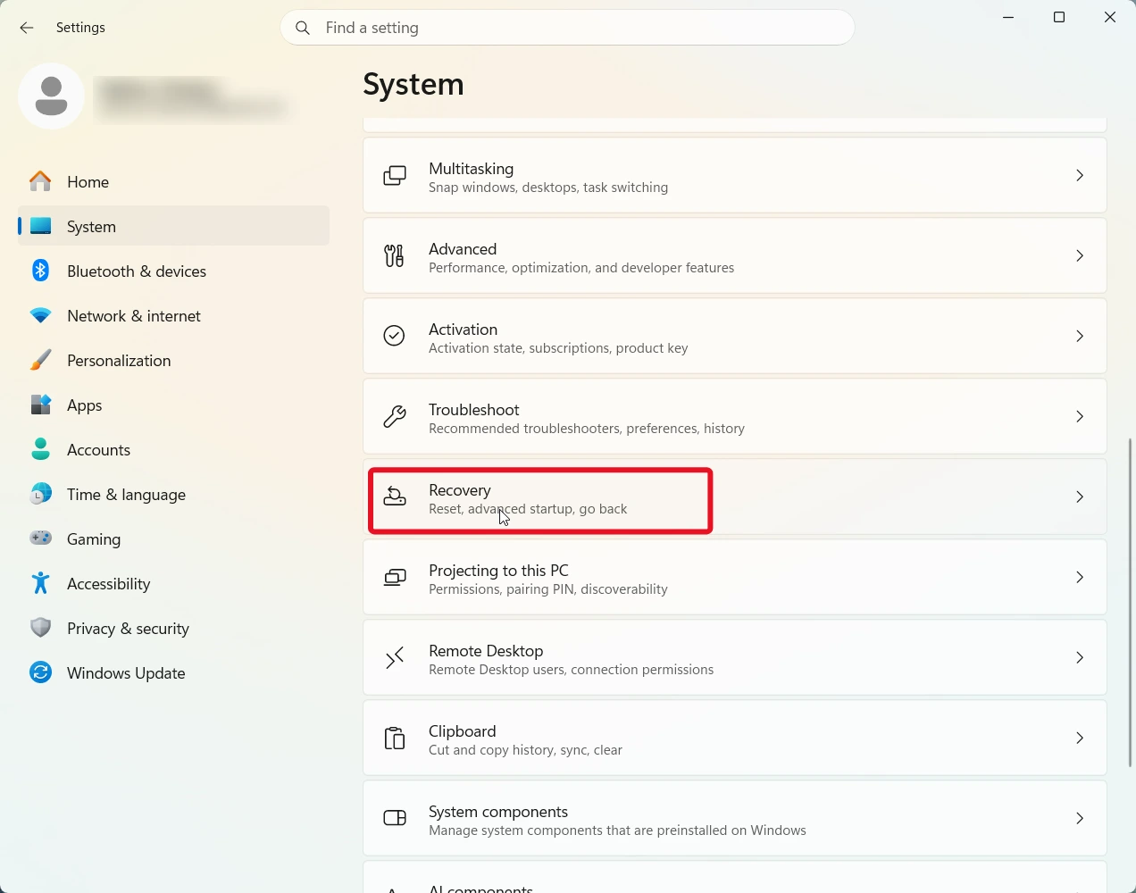 windows 11 recovery tab