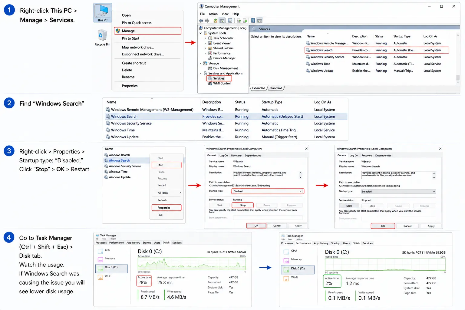 Disable Windows Search Indexing Steps