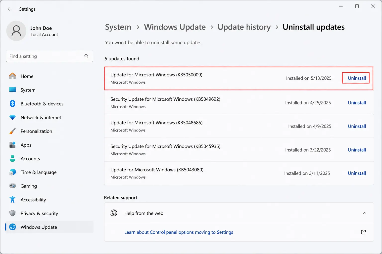 Uninstall Updates